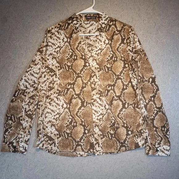 Shein Women's Brown/White Snakeskin Long Sleeve Button Down  Shirt Medium US 6 - Picture 1 of 10